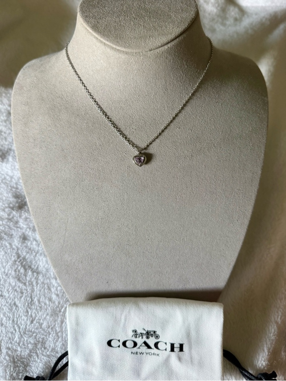 Coach Silver Heart Necklace with Pink Center Stone